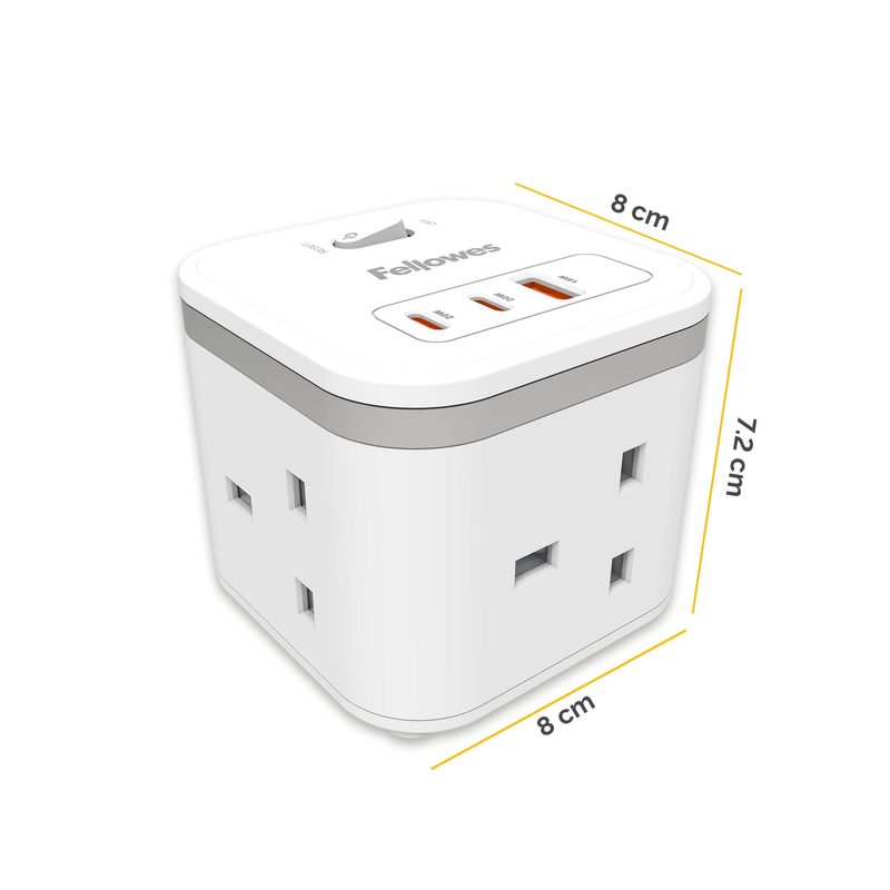 Fellowes Power Cube with 3 Power Socket Extension USB-A & USB-C Ports White
