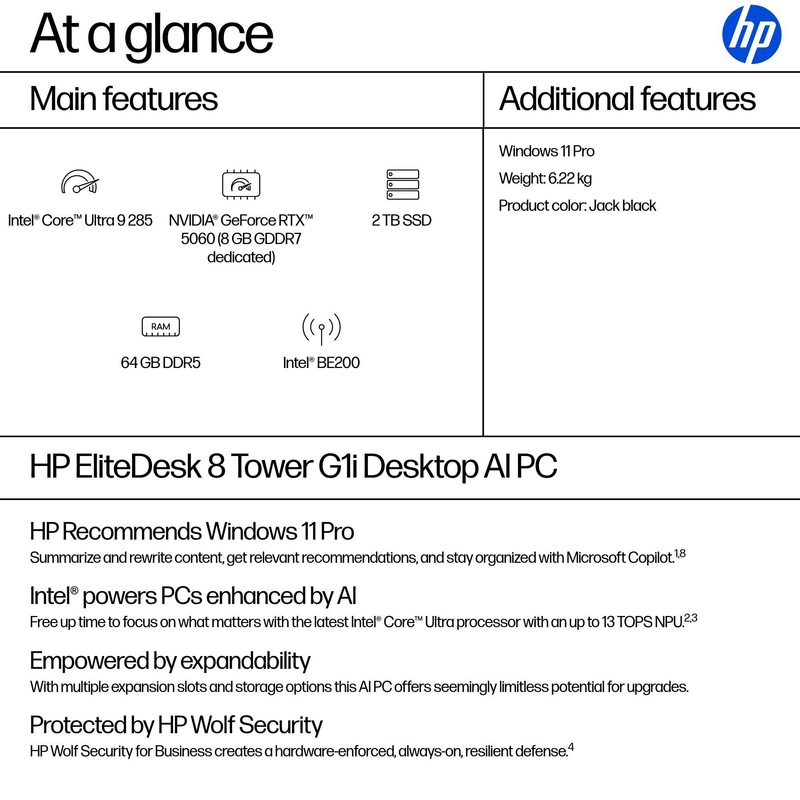 HP EliteDesk 8 G1i AI PC Intel Core Ultra 9 285 64 GB DDR5-SDRAM 2 TB SSD NVIDIA GeForce RTX 5060 Windows 11 Pro Tower Black