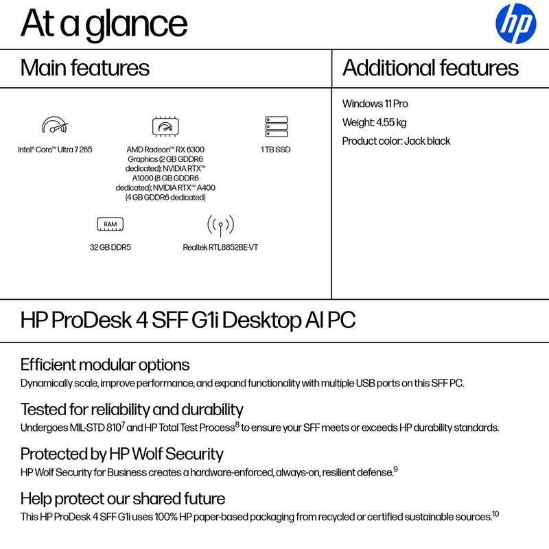 HP ProDesk 4 SFF G1i AI PC Intel Core Ultra 7 265 32 GB DDR5-SDRAM 1 TB SSD Windows 11 Pro Black