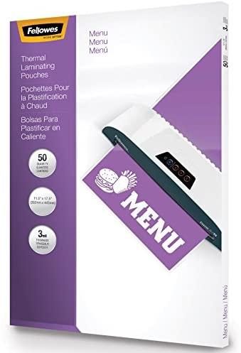 Fellowes Hot Laminating Pouches, 3 Mil, Menu Size, 50 Per Pack (52013)