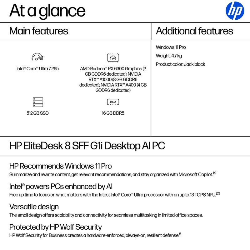 HP EliteDesk 8 SFF G1i AI Intel Core Ultra 7 265 16 GB DDR5-SDRAM 512 GB SSD Windows 11 Pro PC AI PC Black