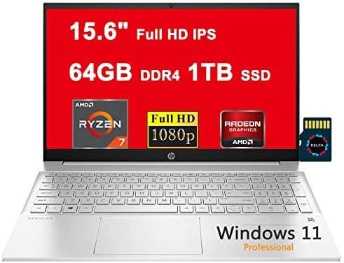 HP Pavilion 15 Business Laptop I 15.6″ Full HD IPS Multi-Touch I AMD Octa-Core Ryzen 7 4700U (>i7-10510U) I 64GB DDR4 1TB SSD I Backlit Keyboard USB-C HDMI B&O Win11Pro Silver + 32GB Micro SD Card