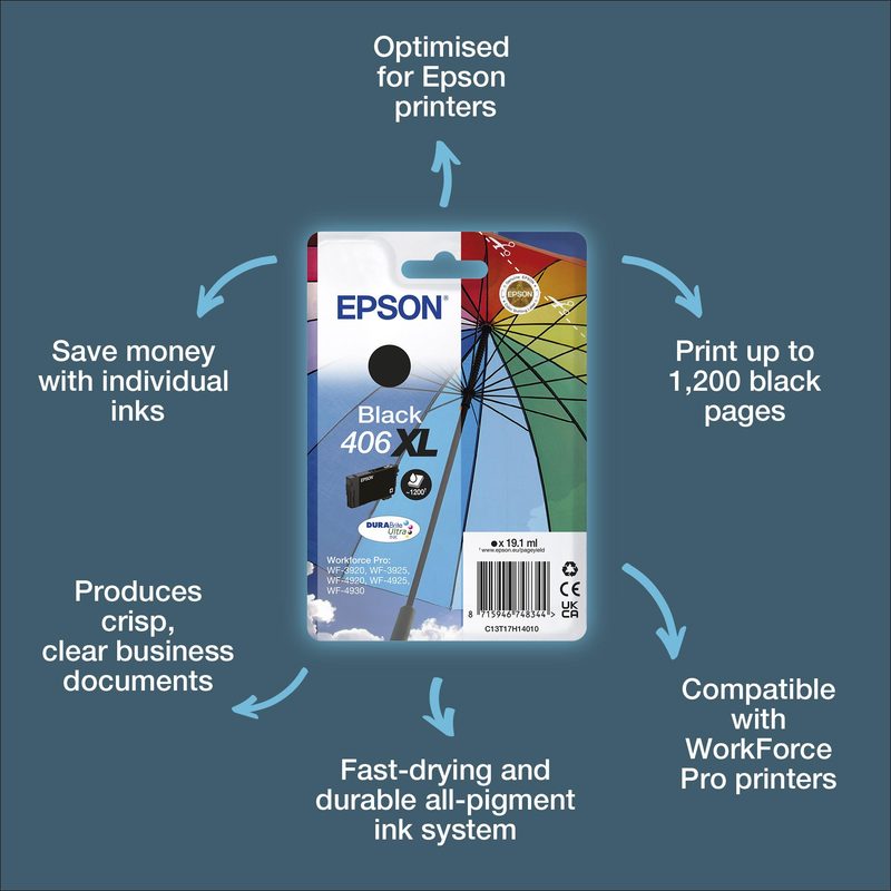 Epson Singlepack Black 406XL DURABrite Ultra Ink RF/AM Tagged