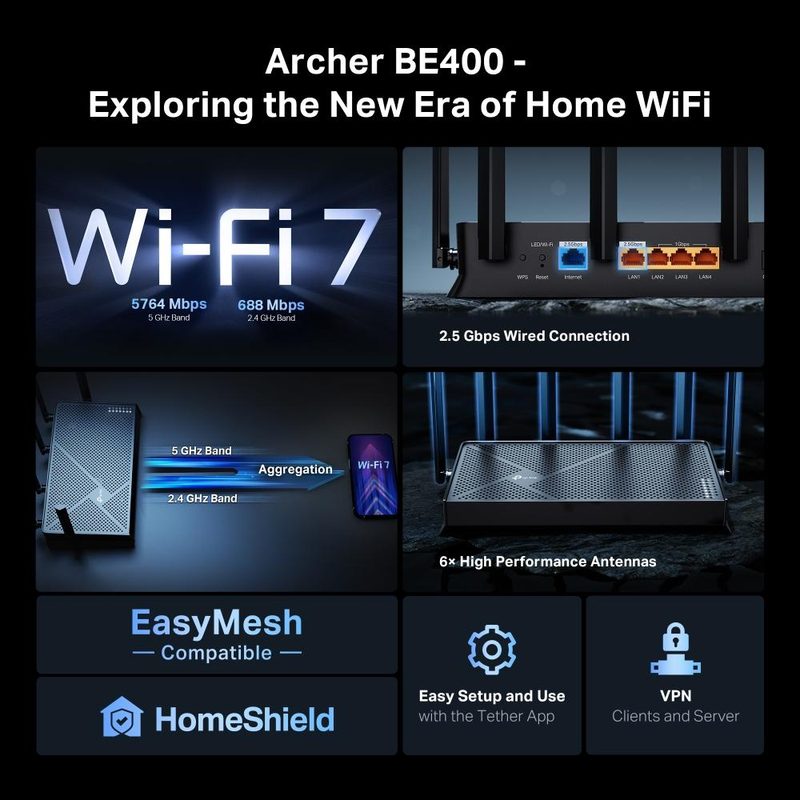 TP-Link Archer BE400 wireless router 2.5 Gigabit Ethernet Dual-band (2.4 GHz / 5 GHz) Black
