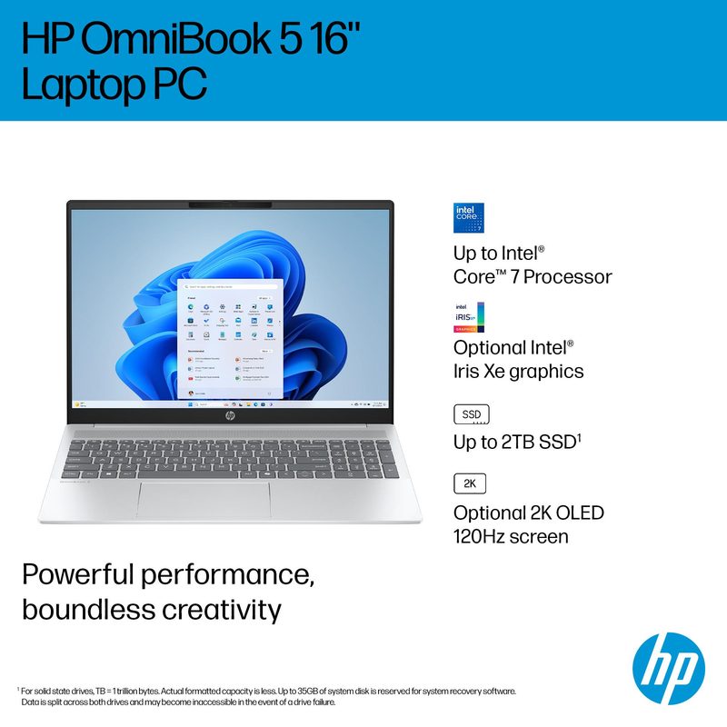 HP OmniBook 5 16-ba1505na Intel® Core™ i7 i7-1355U Laptop 40.6 cm (16") 2K 16 GB LPDDR5x-SDRAM 512 GB SSD Wi-Fi 6 (802.11ax) Windows 11 Home Silver