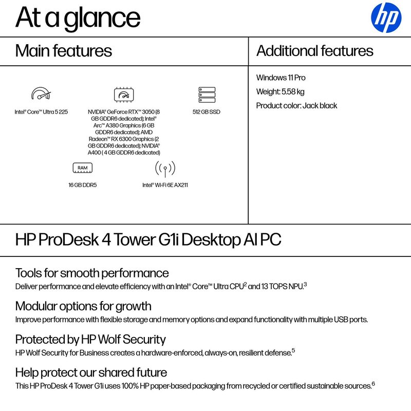 HP ProDesk 4 Tower G1i Desktop AI PC Intel Core Ultra 5 225 16 GB DDR5-SDRAM 512 GB SSD Windows 11 Pro Black