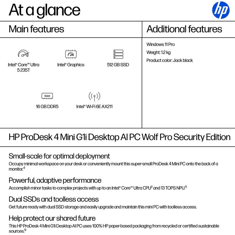 HP ProDesk 4 G1i AI PC Wolf Pro Security Edition Intel Core Ultra 5 235T 16 GB DDR5-SDRAM 512 GB SSD Windows 11 Pro Mini PC Black
