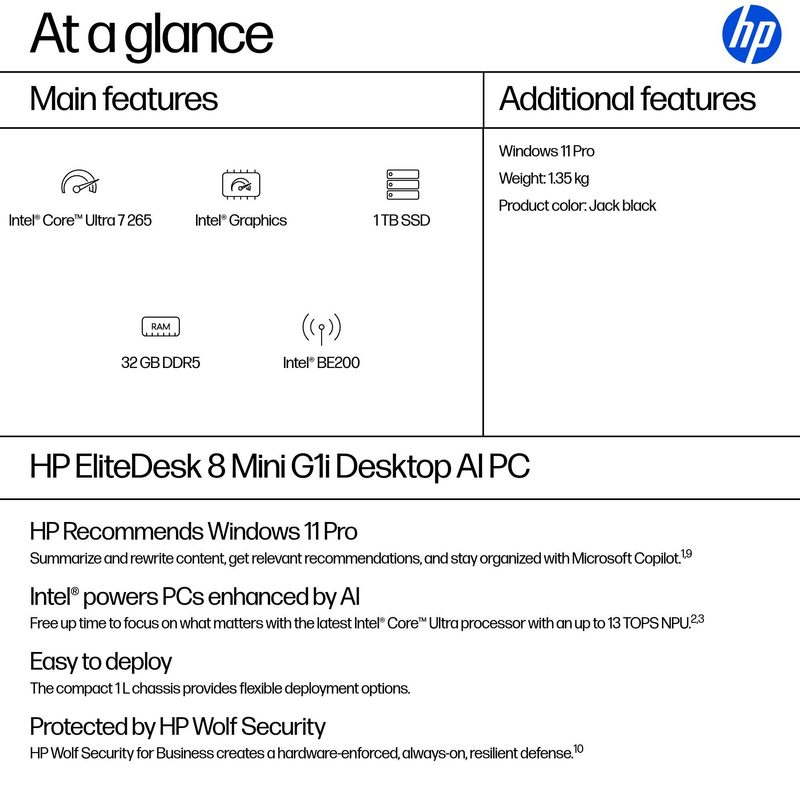 HP EliteDesk 8 Mini G1i AI Intel Core Ultra 7 265 32 GB DDR5-SDRAM 1 TB SSD Windows 11 Pro Mini PC AI PC Black