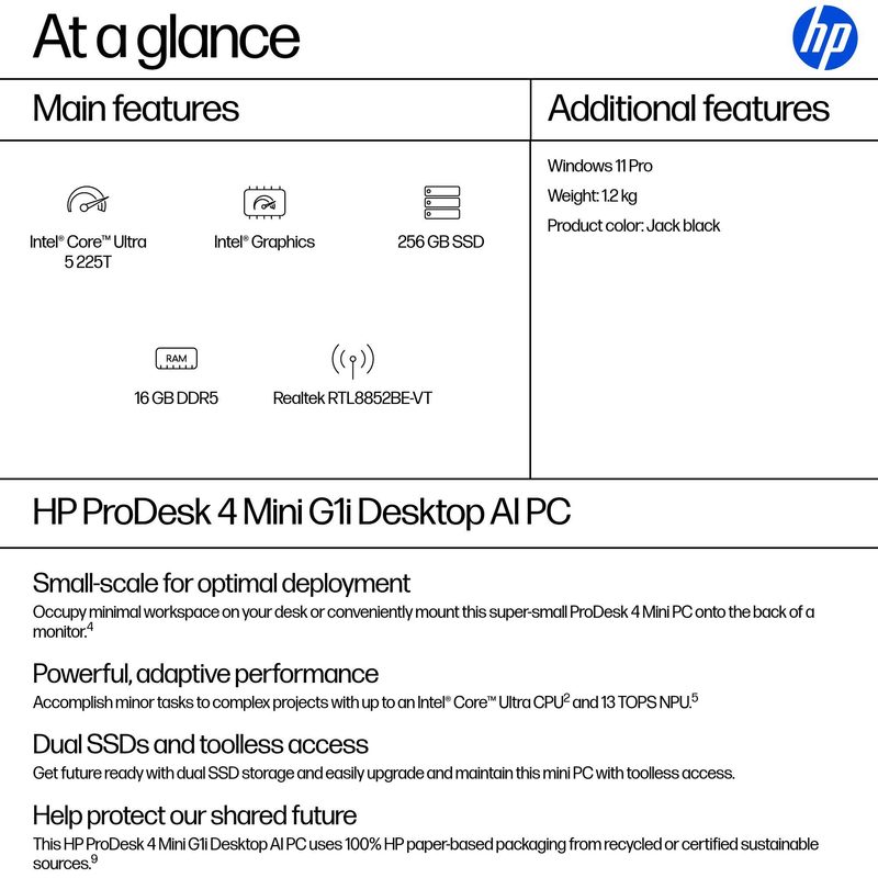 HP ProDesk 4 G1i AI PC Intel Core Ultra 5 225T 16 GB DDR5-SDRAM 256 GB SSD Windows 11 Pro Mini PC Black