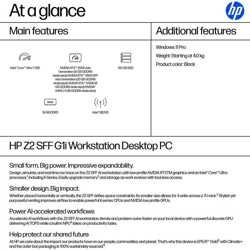 HP Z2 SFF G1i Intel Core Ultra 7 265 16 GB DDR5-SDRAM 512 GB SSD Windows 11 Pro Workstation AI Workstation, AI PC Black
