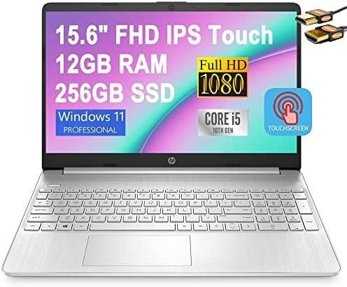 HP 15 Business Laptop Computer 15.6″ FHD IPS Touchscreen BrightView Display 10th Gen Intel Quad-Core i5-1035G1 Processor 12GB RAM 256GB SSD HP Fast Charge USB-C Win11 Pro Silver + HDMI Cable