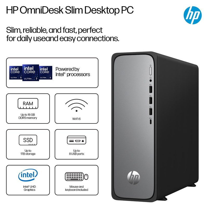 HP OmniDesk Slim S03-0013sa Intel Processor 300 300 8 GB DDR5-SDRAM 256 GB SSD Windows 11 Home Tower PC Silver
