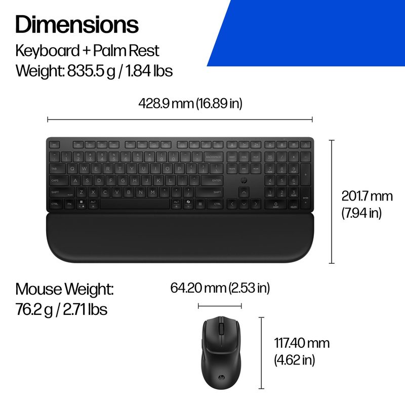 HP Multi-Device Dual-Mode Mouse and Keyboard Combo with Palm Rest 580C