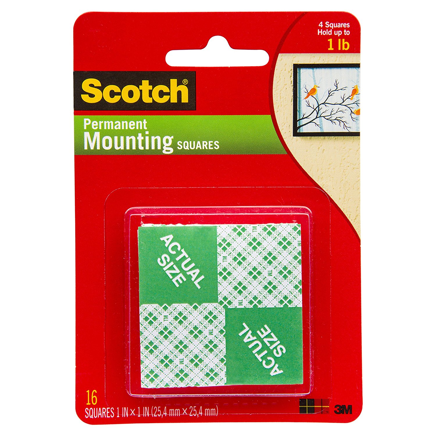 3M Scotch 111 Heavy Duty 1-Inch Mounting Squares, 16-Squares