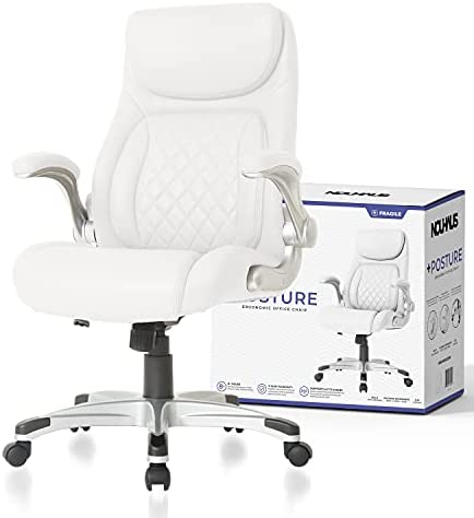 NOUHAUS +Posture Ergonomic PU Leather Office Chair. Click5 Lumbar Support with FlipAdjust Armrests. Modern Executive Chair and Computer Desk Chair (White)