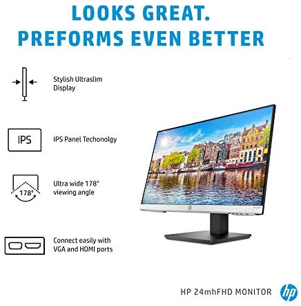  HP 24mh FHD Computer Monitor with 23.8-Inch IPS Display (1080p)  - Built-In Speakers and VESA Mounting - Height/Tilt Adjustment for  Ergonomic Viewing - HDMI and DisplayPort - (1D0J9AA#ABA) : Electronics