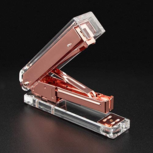 Rose Gold Desktop Accessories- Tape Dispenser with Rose Gold Staples and Blinder Clips, Geila Clear Acrylic Stapler Rose Gold, 1000 Pcs Staples and