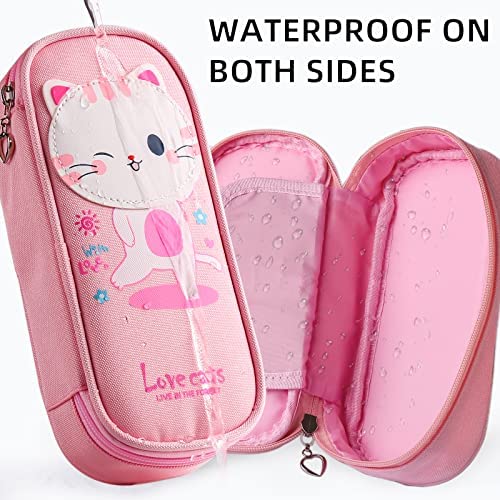 Cute Cartoon Pencil Case for Girls, Big Capacity Canvas Kawaii Pencil Pouch  with Zipper, Waterproof & Durable Compartment Large Storage Pencil Bag for  Kids Girls in School(Pink - Kitten)