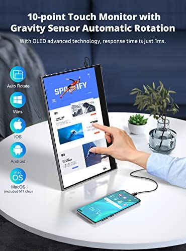 OLED Portable Monitor 4K Touchscreen Battery, UPERFECT 15.6'' UHD 10Bit  100% DCI-P3 100000:1 Color, 10-Point Touch, Gravity Sensor Auto Rotate,  5000mAh Battery, Achieve True Portable Screen on Travel