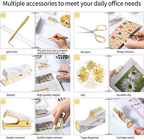 Office Supplies Set Desk Accessory Kit, Acrylic Stapler Set Staple Remover, Tape Dispenser, Binder Clips, Paper Clips, Ballpoint Pen and Scissor with