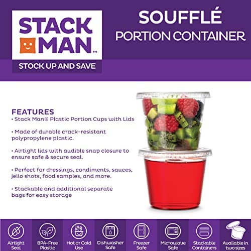 100 Sets - 5.5 oz. Plastic Clear Portion Cups, Snack / Yogurt /Parfait/ Pudding / Souffle /Dessert Cups, Disposable Containers with Lids 5.5oz.