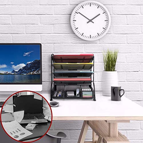 4-Trays Desktop File Organizer with Pen Holder | Paper Letter Tray with  Drawer and 2 Pen Holder | Mesh Office Supplies Desk Organizer for Home  Office