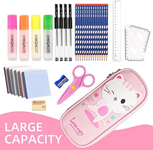 Large Pencil Case Big Capacity 3 Compartments Canvas Pencil Pouch For Teen  Boys Girls School Students (pink Strip Black Grid)