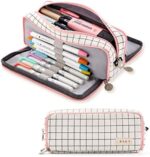 ANGOOBABY Large Pencil Case Big Capacity 3 Compartments Canvas Pencil Pouch for Teen Boys Girls School Students (Pink Strip Black Grid)