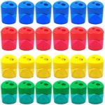 AUSTARK 24Pcs Pencil Sharpener Manual, Assorted Color Small Dual Hole Pencil Sharpeners Bulk with Lid for School Office Home (Triangle-24)