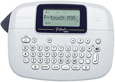 Brother PT-M95 Label Maker, P-Touch Label Printer, Handheld, QWERTY Keyboard, Up to 12mm Labels, Includes 12mm Black on White Tape Cassette