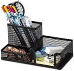 Deli Mesh Desk Organizer Office Supplies Caddy with Pencil Holder and Storage Baskets for Desktop Accessories, 3 Compartments, Black