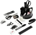 Deli Office Supplies Set, Desk Accessory Organizer Kit, Stapler Set, Rotating Multi-Functional Pen Holder, Tape Dispenser, Pens, Binder Clips, Sharpener, Scissor, Eraser, Black