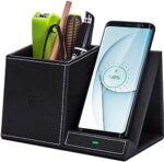 Desk Supplies Organizer, Multi-Functional Pencil Pen Holder with Wireless Charger, Desktop Stationery Organizer, Home Office Supply Storage Box Caddy (Black)