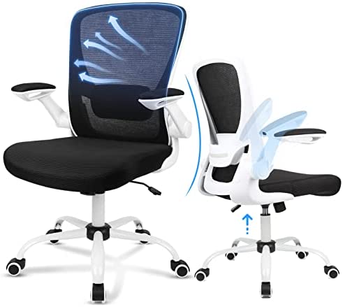 Ergousit Home Office Chair, Ergonomic White Desk Chair Adjustable Mesh Computer Chair with Lumbar Support and Larger Seat Flip UP Armrest Swivel Executive Chair, 250Lbs Capacity (White)