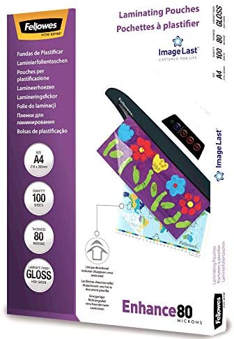 Fellowes A4 Laminating Pouches, Gloss, 80 Micron with Image Last Directional Quality Mark, Pack of 100