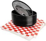 Kingrol 30 Black Oval Fast Food Baskets w/ 250 Checkered Deli Liners, 8.9 x 5.6 x 1.5 Inch Plastic Platter, Storage Basket Bin for Home, Office, School, Picnic