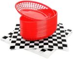 Kingrol 30 Red Oval Fast Food Baskets w/ 250 Checkered Deli Liners, 8.9 x 5.6 x 1.5 Inch Plastic Platter, Storage Basket Bin for Home, Office, School, Picnic
