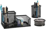 Mesh Wire Desk Organizer Set Office Supplies Set-The Organizer has 3 compartments +desk Pen Holder + Small Items Storage Box（Black metal）