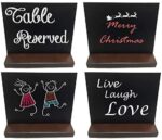 Mini chalkboard signs with stand. These small chalkboards can be used on table tops for numbering, drinks, menus and much more. Double-sided. 4 5x6 mini chalk boards, including chalk, per package.