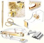 Office Supplies Set Desk Stationery Accessories Kit of Stapler, Staple Remover, Tape Dispenser, Binder Clips, Paper Clips, Ballpoint Pen and Scissor with 2000pcs Staples(Gold)
