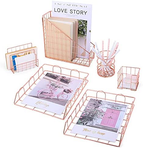 Rose Gold Desk Organizer Set, 6 Piece Cute Office Desk Accessories and  Supplies with 2 File
