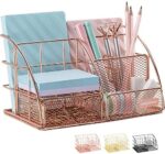 Rose Gold Desk Organizer for Women, AUPSEN Mesh Office Supplies Desk Accessories, Features 5 Compartments + 1 Mini Sliding Drawer
