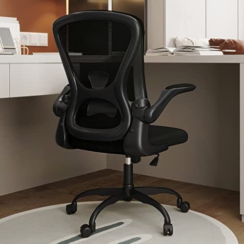 Sytas Office Chair, Ergonomic Home Office Desk Chair, Comfortable Mesh Computer Task Chair with 90°Flip-up Arms, Lumbar Support and Height Adjustable, Black