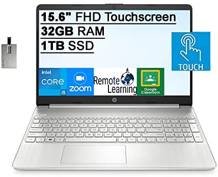 2022 HP 15.6" FHD Touchscreen Laptop Computer, Intel Core i5-1135G7 Processor, 32GB DDR4 RAM, 1TB SSD, Intel Iris Xe Graphics, HD Webcam, HD Audio, USB-C, Windows 11, Silver, 32GB SnowBell USB Card