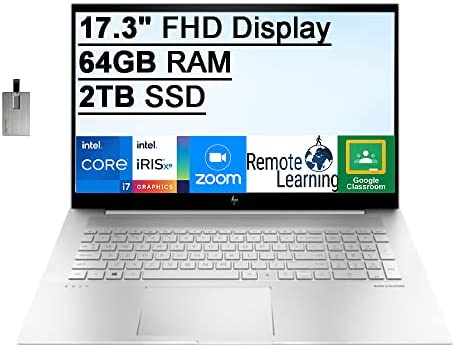 2022 HP Envy 17.3" FHD Touchscreen Laptop, Intel Core i7-1165G7, 64GB RAM, 2TB SSD, Backlit Keyboard, Intel Iris Xe Graphics, Fingerprint Reader, Webcam, Windows 11 Pro, Silver, 32GB USB Card