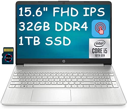 HP 15 Laptop Computer 15.6" FHD IPS Touchscreen 10th Gen Intel Quad-Core i5-1035G1 (Beats i7-8550U) 32GB DDR4 1TB SSDHP Fast Charge HDMI Webcam Win 10 + 32GB Micro SD Card
