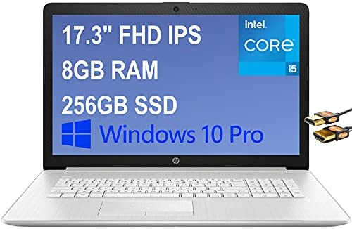 HP 17 Flagship Laptop Computer 17.3" FHD IPS Anti-Glare Display 11th Gen Intel 4-Core i5-1135G7 (Beats i7-10510U) 8GB RAM 256GB SSD Intel Iris Xe Graphics Webcam Win10 Pro Silver + HDMI Cable