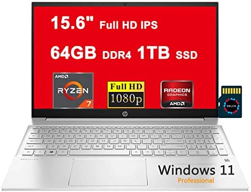 HP Pavilion 15 Business Laptop I 15.6" Full HD IPS Multi-Touch I AMD Octa-Core Ryzen 7 4700U (>i7-10510U) I 64GB DDR4 1TB SSD I Backlit Keyboard USB-C HDMI B&O Win11Pro Silver + 32GB Micro SD Card